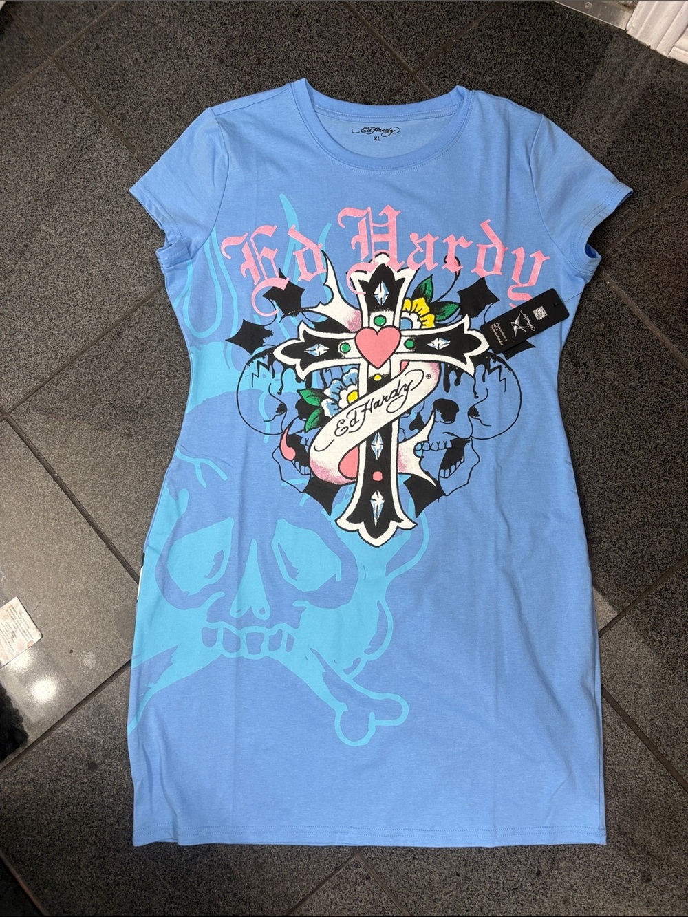 Ed Hardy Light Blue Graphic Cross & Skull dress